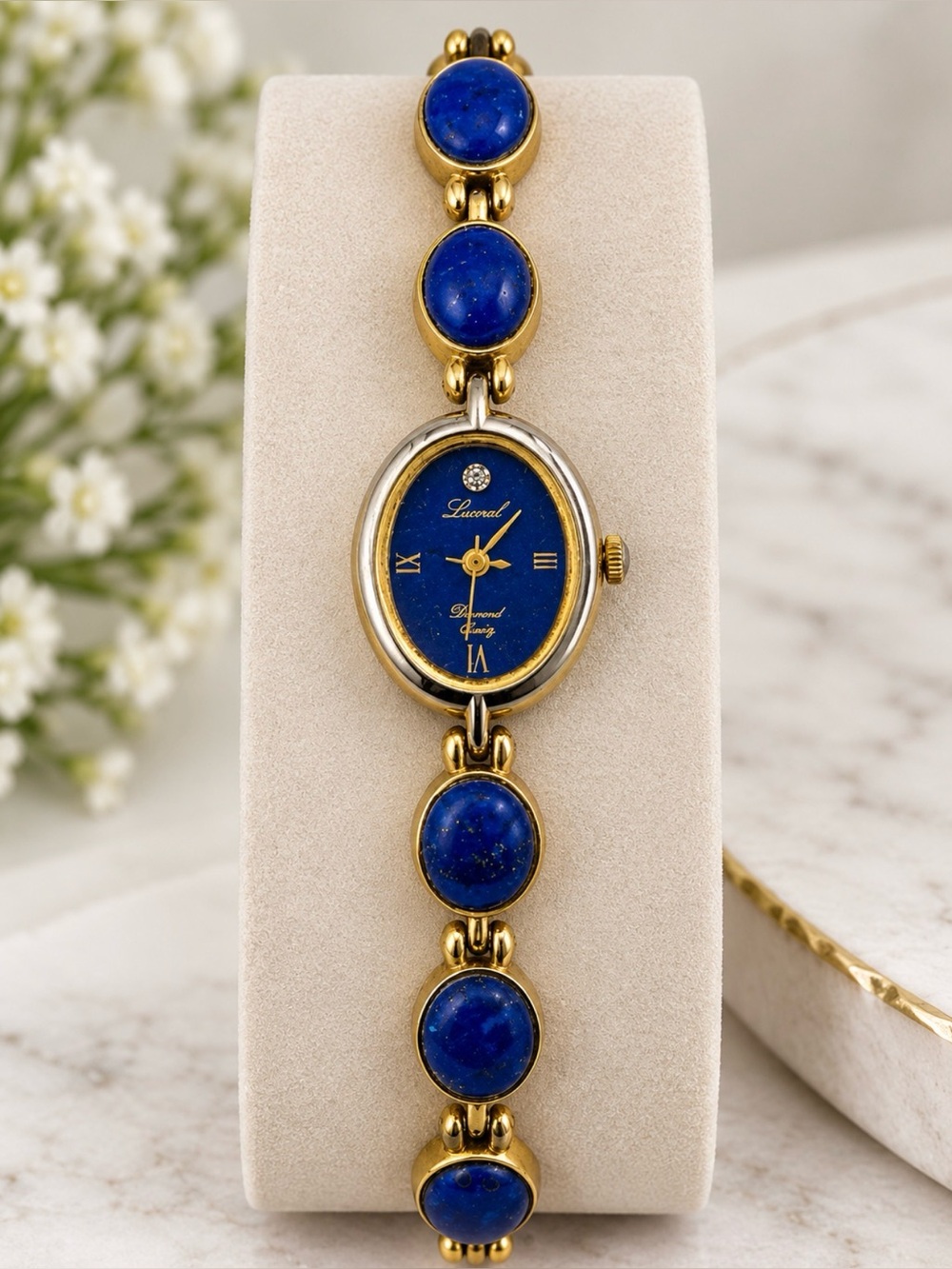 Vintage Lucoral Blue Lapis Quartz Bracelet Watch Japan Movement Ladies
